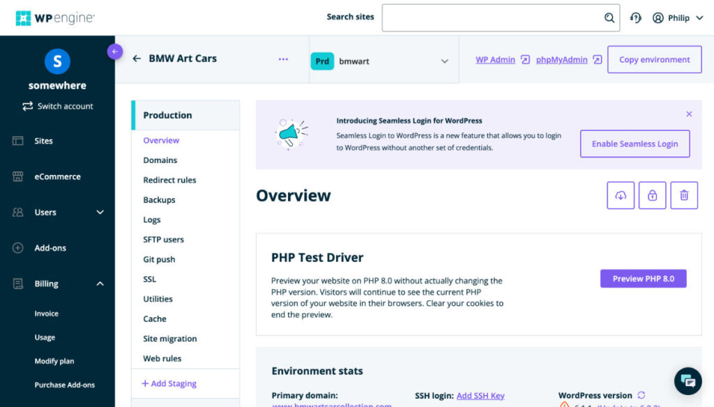 wp engine admin screen